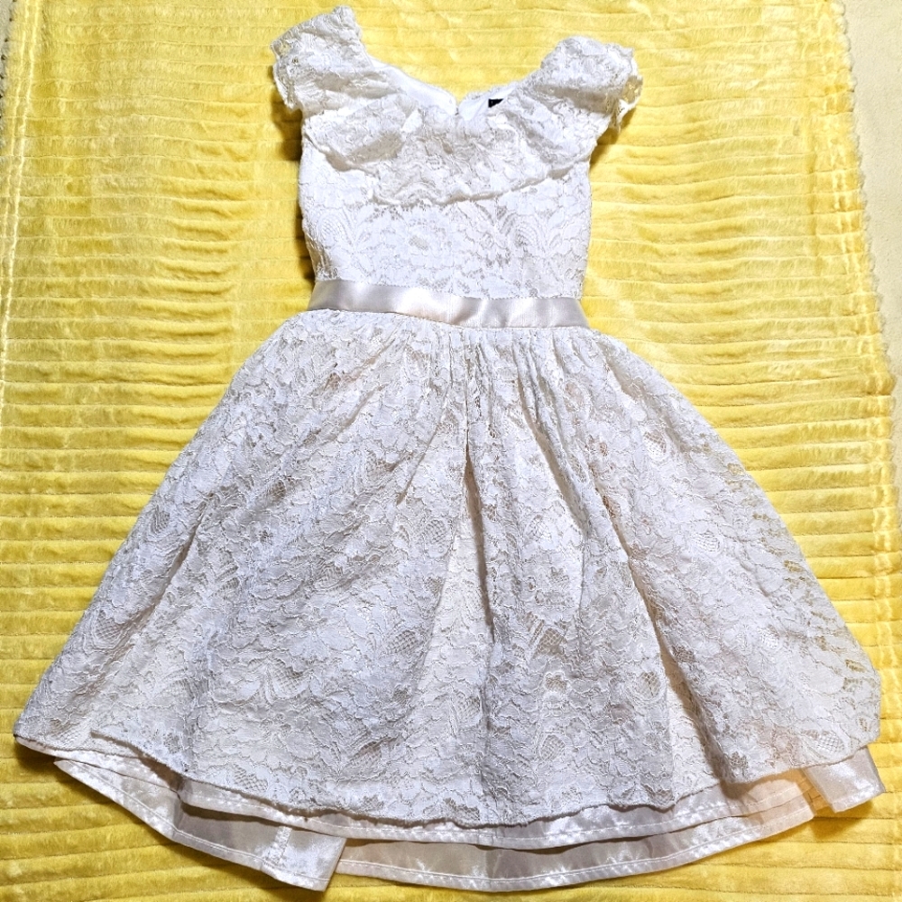 Zenzi Girls Sleeveless, Lace Overlay Lined Dress, Almond Cream, Size Small 6/6X